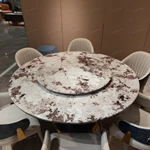 High-Gloss Lacquered Wood Veneer Round Dining Table with Rotating Tray and Fluted Pedesta